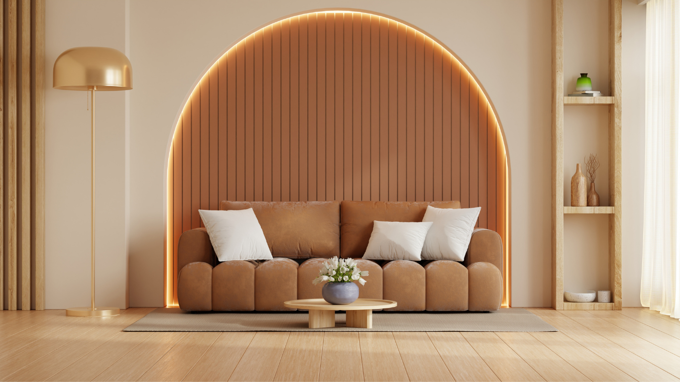 Modern living room with a brown sofa, wooden floor, and decorative elements.