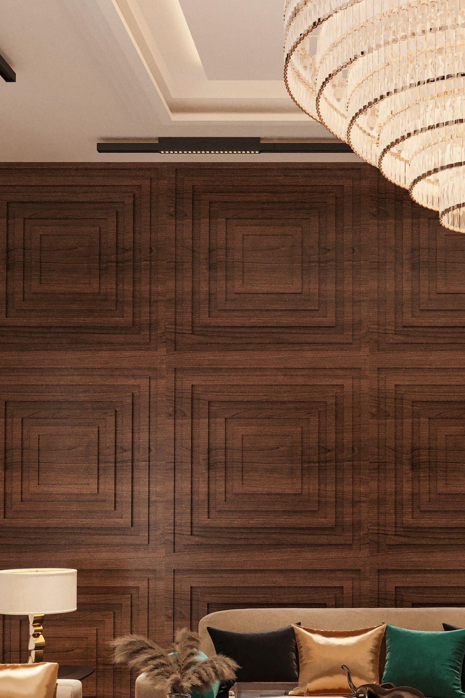 Luxurious living room with wooden panel wall, modern furniture, and decorative elements.